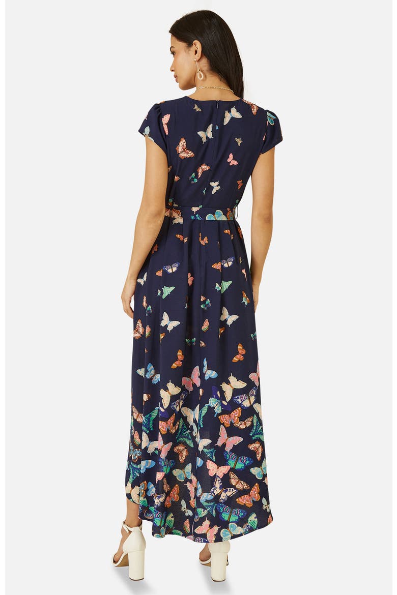Butterfly Print Dip Hem Midi Wrap Dress, Alternate, color, Navy