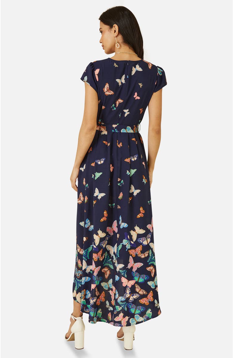 Yumi Butterfly Print Dip Hem Midi Wrap Dress, Alternate, color, Navy