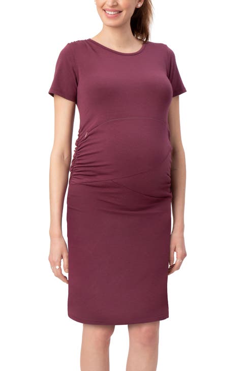 burgundy grecian dress BeBop Womens Burgundy Stretch Ribbed Pleated Pullover Long Sleeve Round Neck Short Fit + Flare Dress XL main image 1