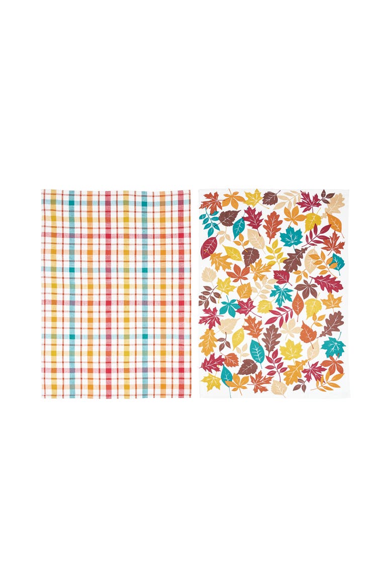Fall Leaves & Plaid Printed Woven Kitchen Dishtowels Set of 2, Main, color, White