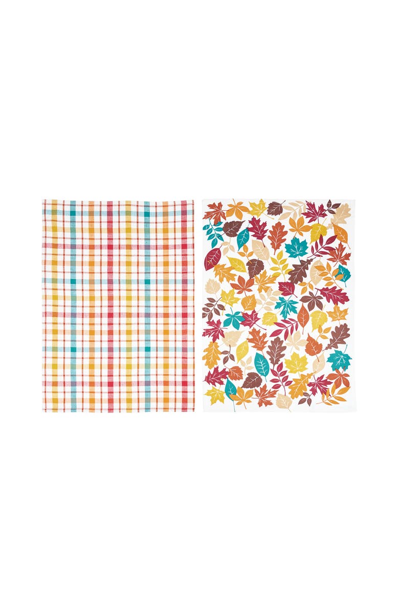 C&F Home Fall Leaves & Plaid Printed Woven Kitchen Dishtowels Set of 2, Main, color, White