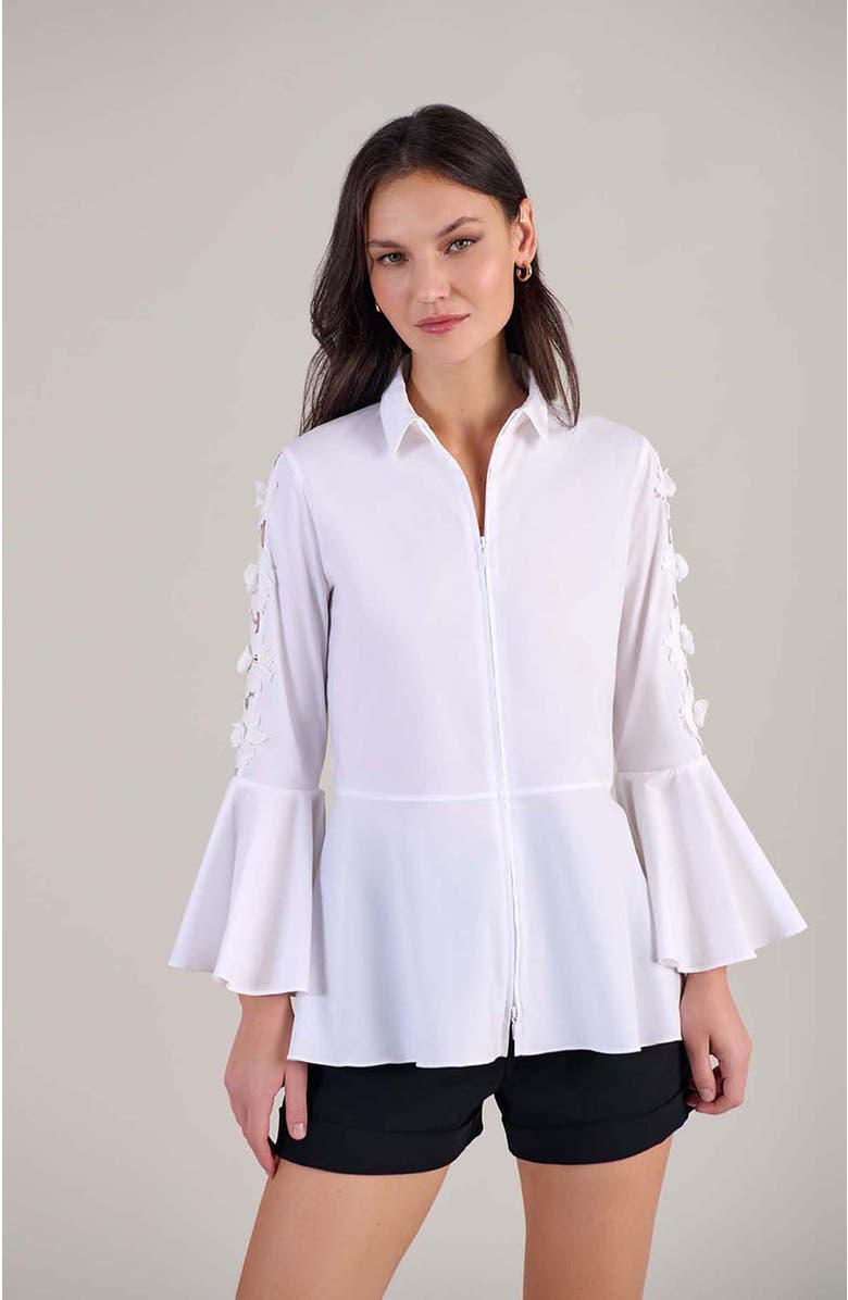 Anne Fontaine Women's Shirt  Coline White Poplin 3/4 Shirt With Mini Point Collar And Peplum Waist, Alternate, color, White