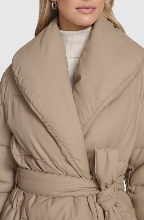 Andrew Marc Adela Faux Leather Shawl Collar Quilted Wrap Coat In Neutral
