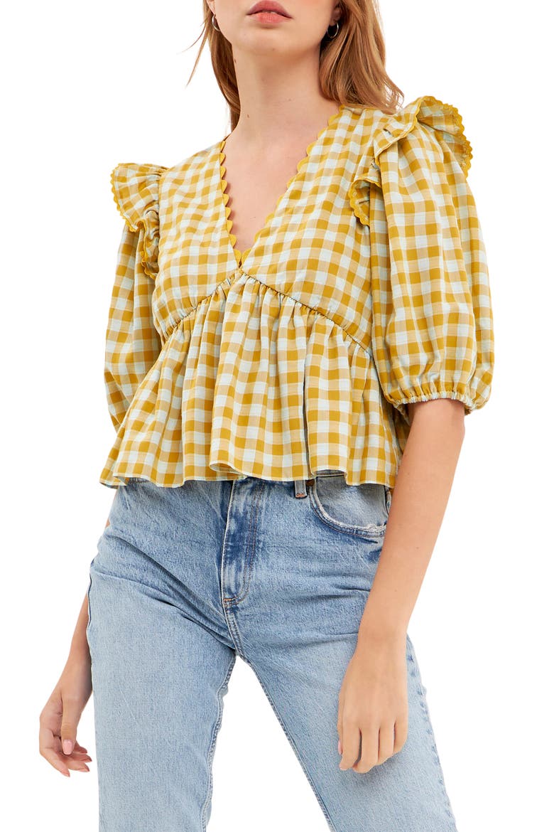 Rickrack Trim Check Top, Alternate, color, MUSTARD