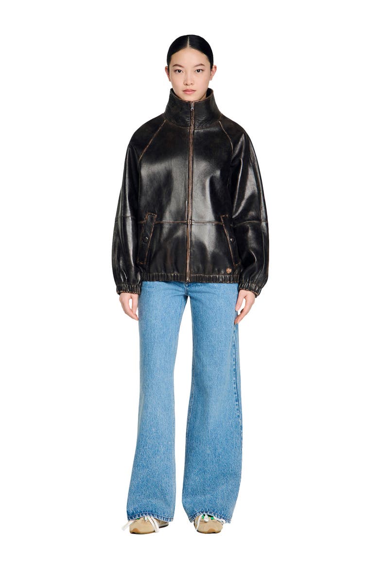 Distressed leather jacket, Alternate, color, Brown
