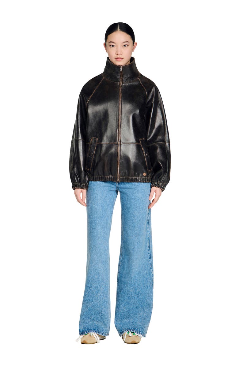 SANDRO Distressed leather jacket, Alternate, color, Brown