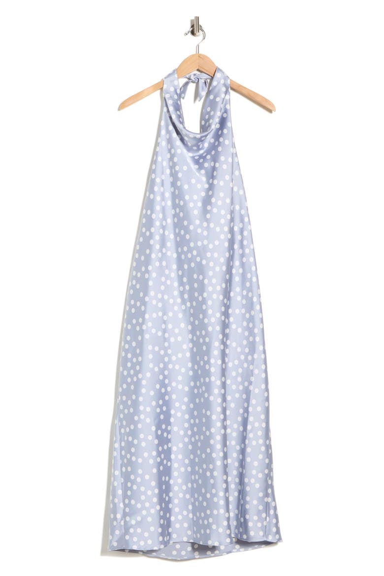 Polka Dot Halter Neck Satin Midi Dress, Alternate, color, STEEL BLUE