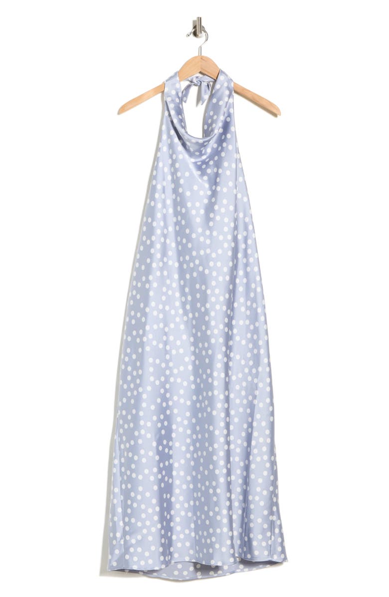 Renee C Polka Dot Halter Neck Satin Midi Dress, Main, color, Steel Blue