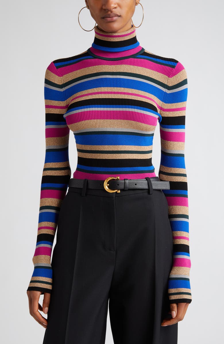 L'AGENCE Olene Metallic Stripe Turtleneck Top, Main, color,