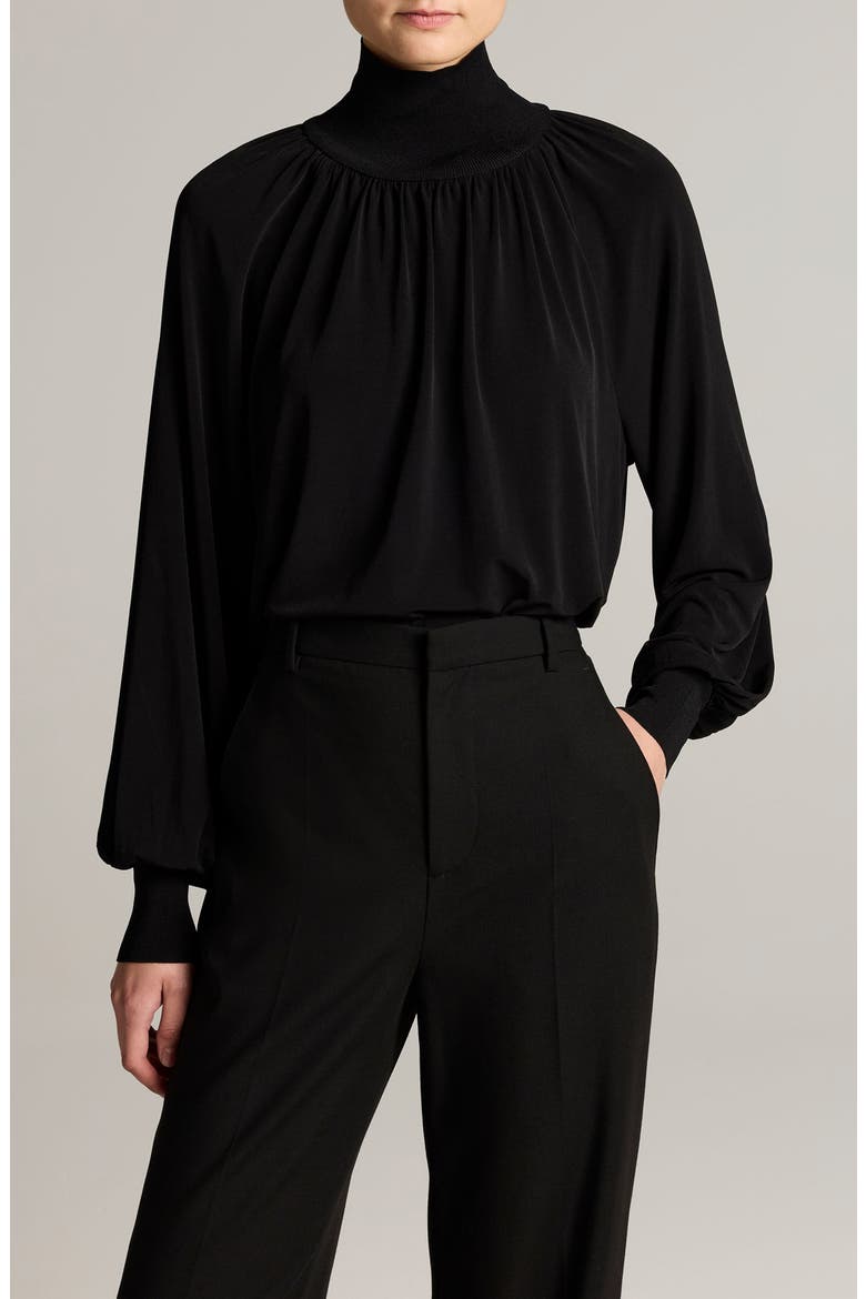 Rib Trim Gathered Long Sleeve Top, Main, color, BLACK