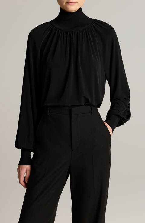Rib Trim Gathered Long Sleeve Top