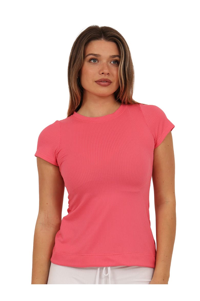 Basic Ribbed Knit Round Neck Short Sleeve Top, Main, color, Coral