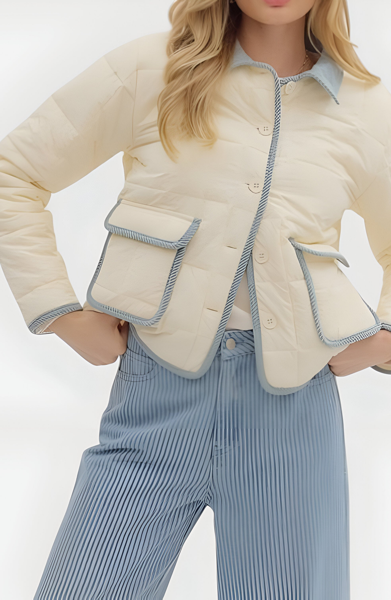 Modenaire Quilted Button Front Jacket with Contrast Trim and Patch Pockets, Alternate, color, 