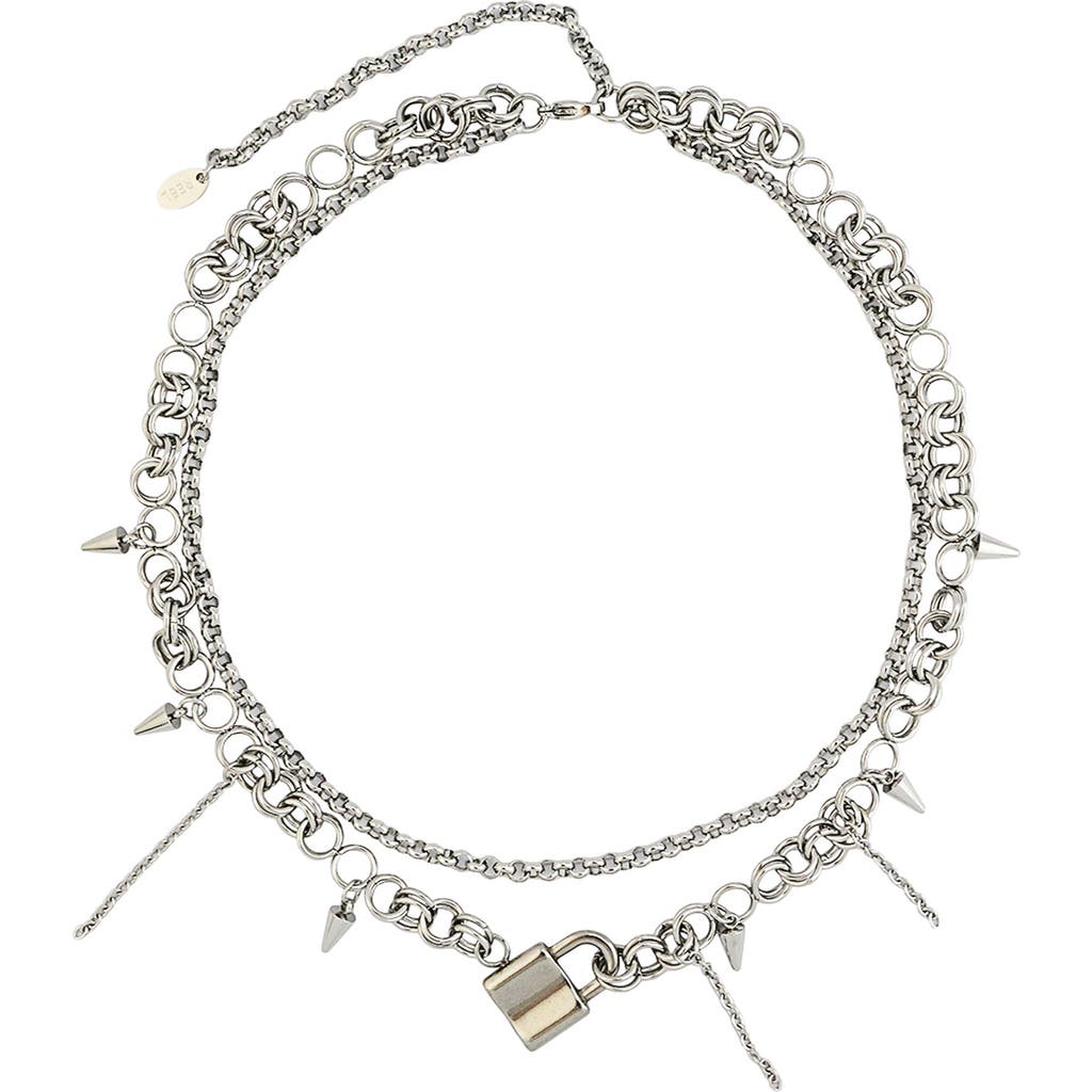 Rebl Lock And Spikes Layered Chain Necklace