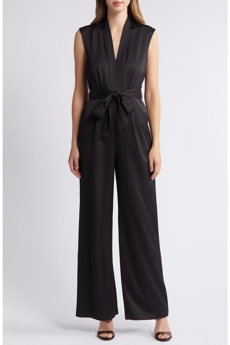 Plunge Neck Satin Jumpsuit, Main, color, BLACK