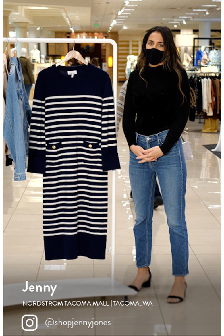 Breton Stripe Long Sleeve Wool Midi Sweater Dress video