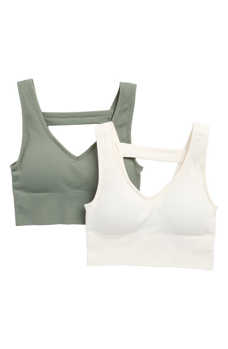 90 DEGREE BY REFLEX Bianca 2-Pack V-Neck Rib Seamless Bralettes, Main, color, Agave Green-Gardenia