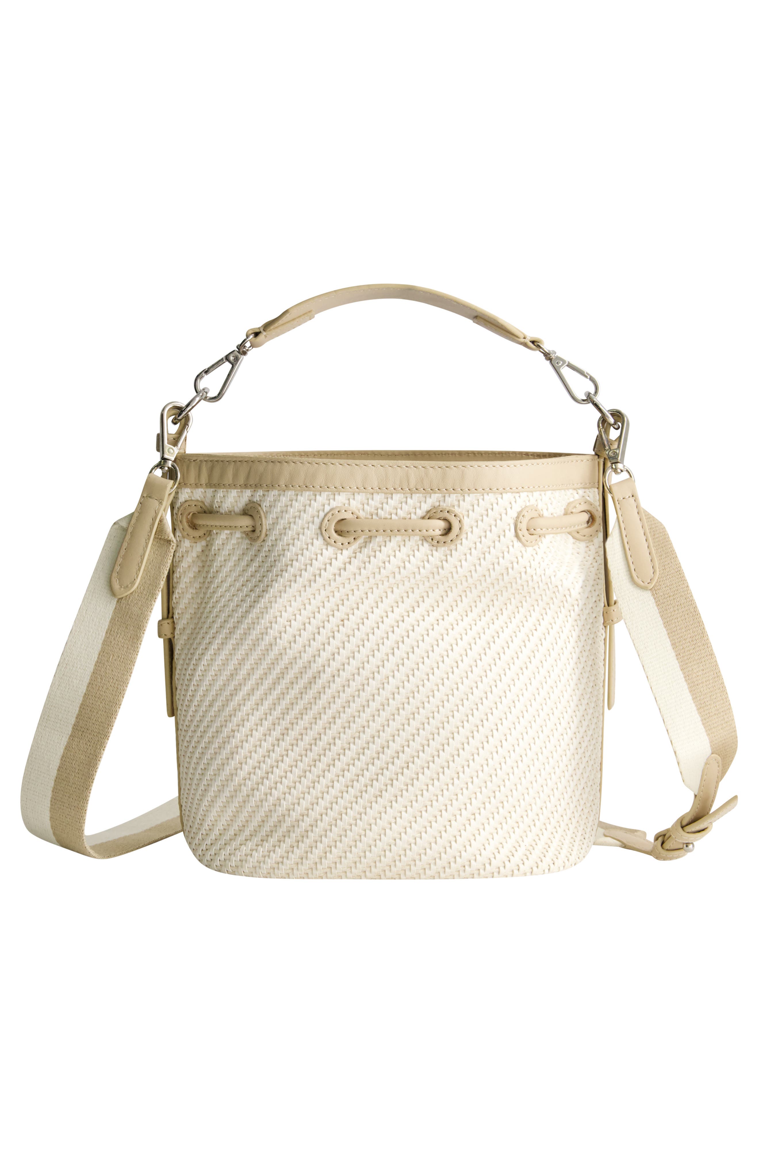 Soft Woven Drawstring Bucket Bag, Alternate, color, TAN/ WHITE