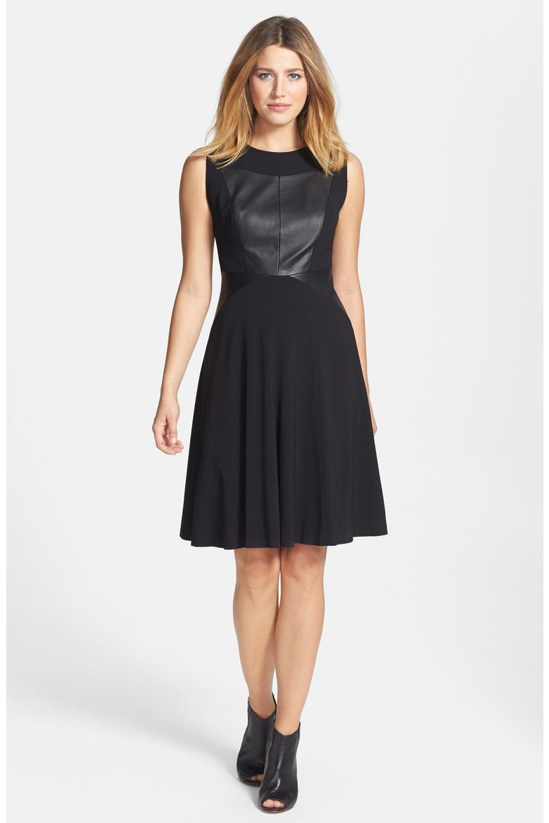 Crepe & Leather Dress, Main, color, BLACK