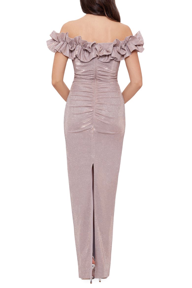 Glitter Ruffle Off the Shoulder Back Slit Gown, Alternate, color, BLUSH/ SILVER