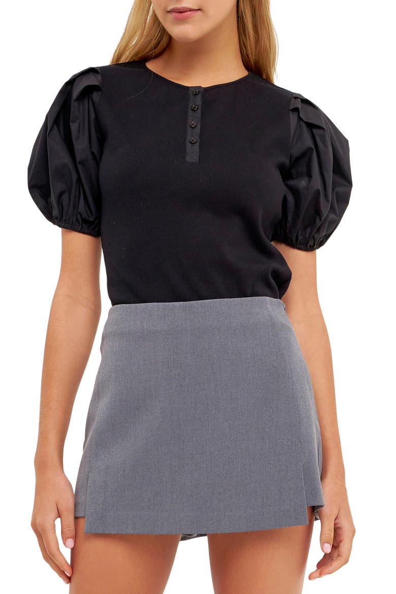 Puff Sleeve Henley, Main, color, BLACK