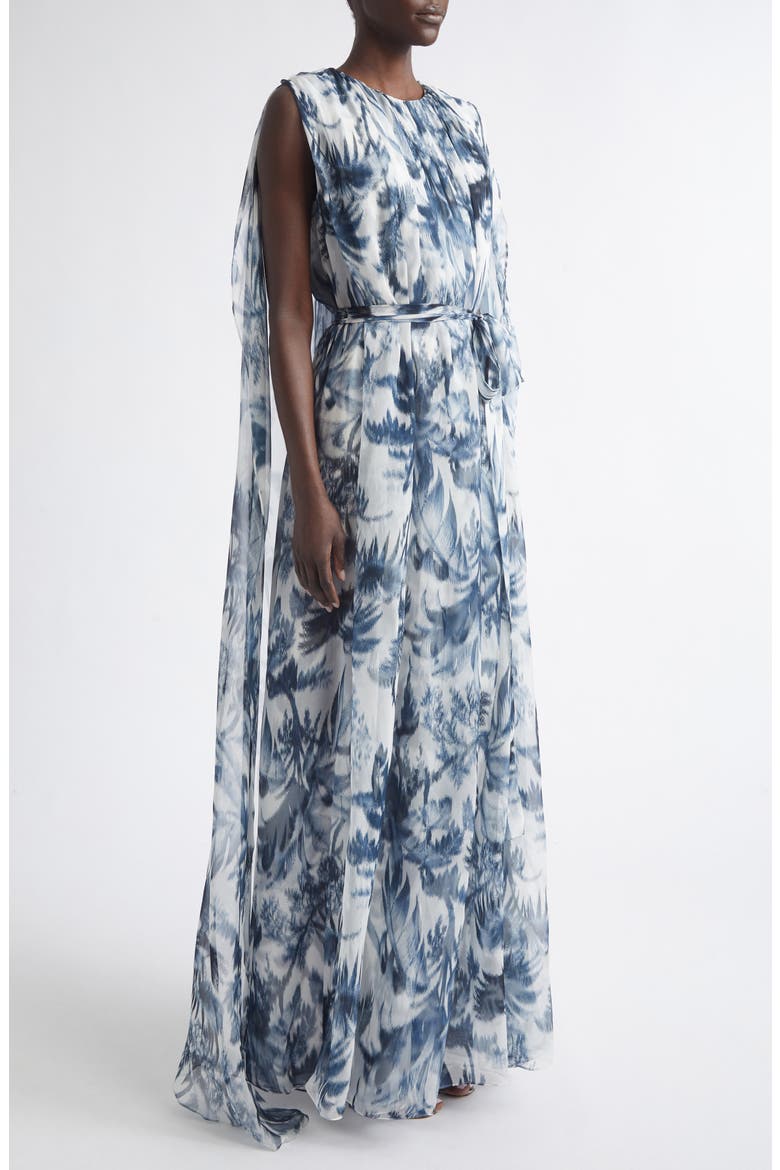 Chiné Palm Leaves Print Silk Caftan, Alternate, color, NAVY/ WHITE