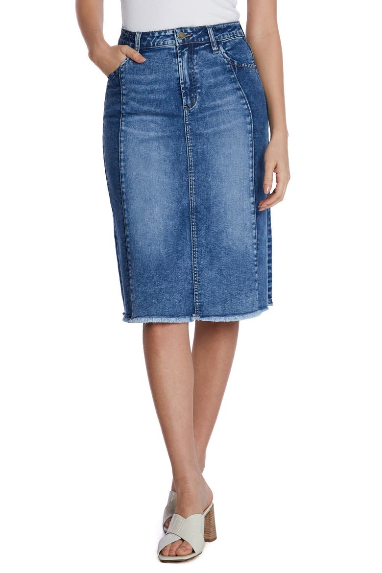 Two-Tone Raw Hem Denim Skirt, Main, color, COMPASS BLUE COMBO