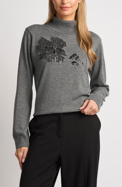 Julia Sequin Floral Mock Neck Sweater