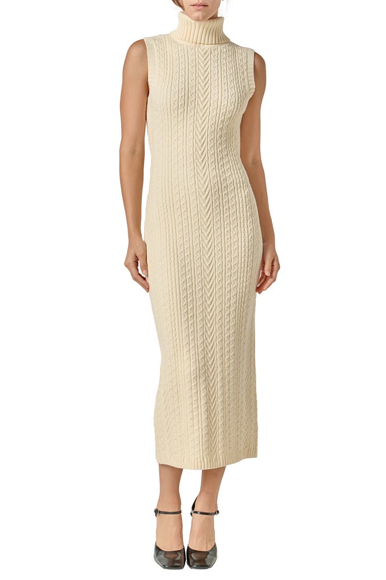 Sleeveless Turtleneck Cable Stitch Maxi Sweater Dress, Main, color, IVORY