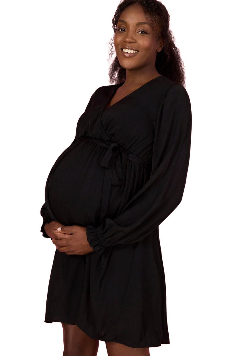 MOTHERHOOD MATERNITY Woven Wrap Long Sleeve Mini Dress, Alternate, color, Black