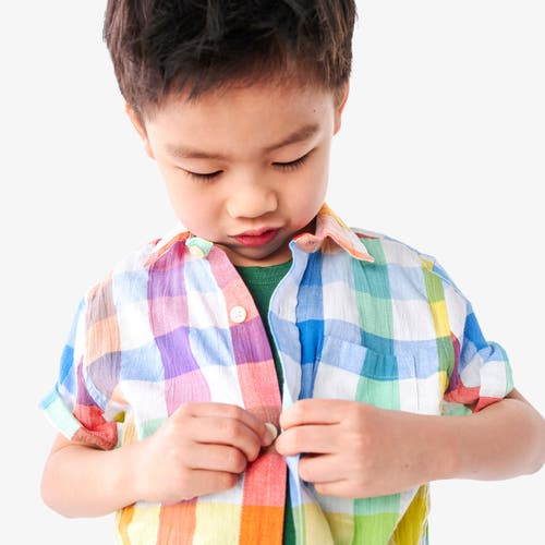 Primary Short Sleeve Button Down In Rainbow Gingham In White Rainbow Check