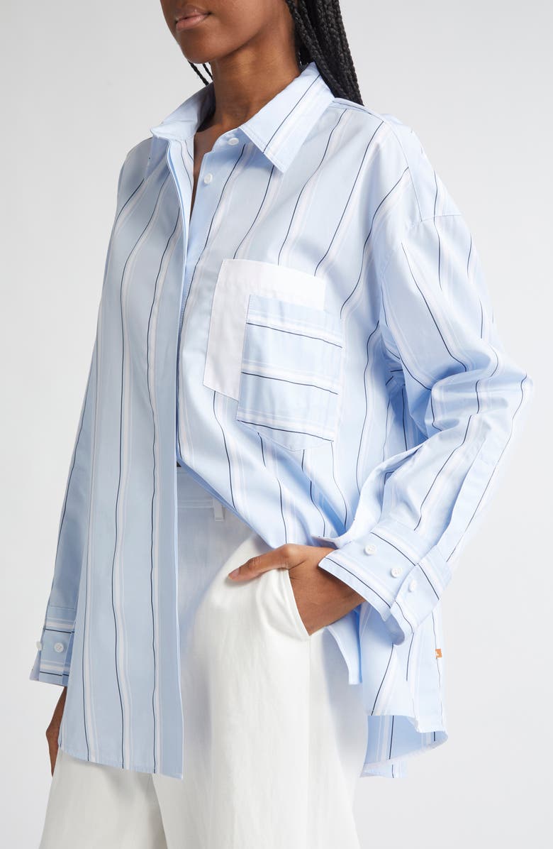 Lafayette 148 New York Amagansett Stripe Oversize Cotton Poplin Button-Up Shirt, Alternate, color, Oxford Blue Multi