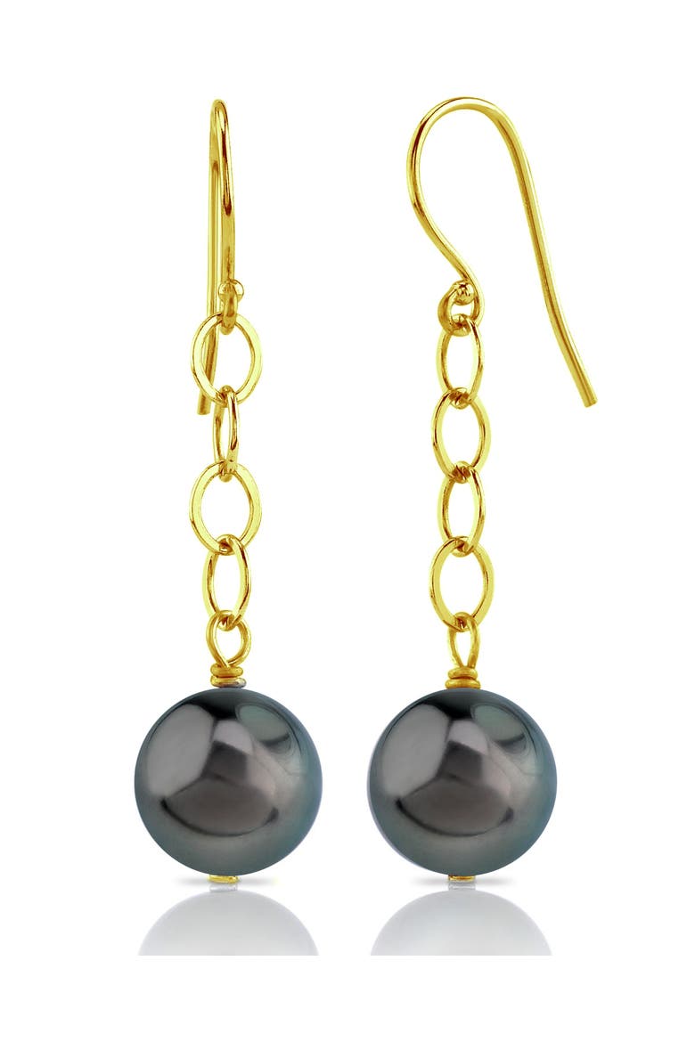 Tahitian South Sea Round Pearl Dangling Tincup Earrings, Main, color, Yellow Gold