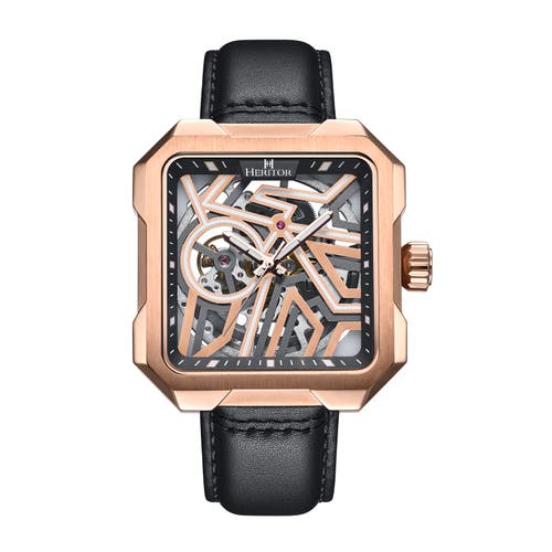 Heritor Automatic Campbell Leather-Band Skeleton Watch in Rose Gold/black at Nordstrom