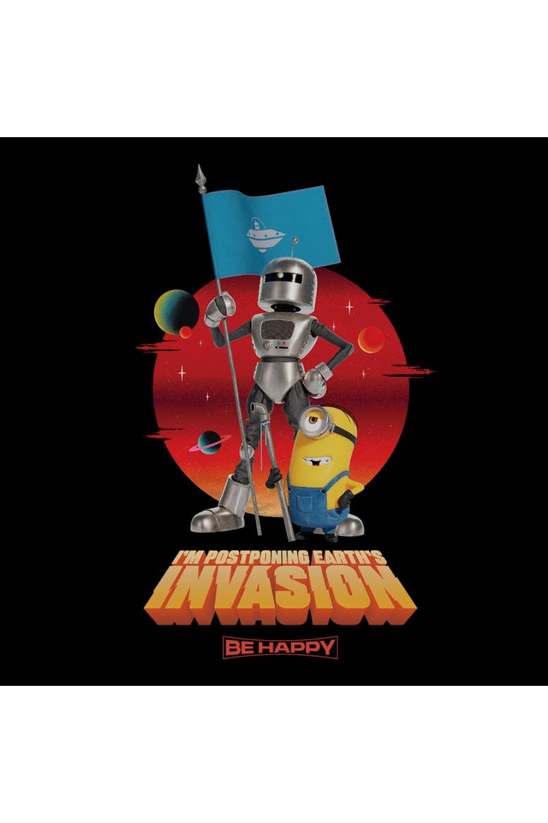 Junior's Minions & Monsters I'm Postponing Earth's Invasion  Graphic T-Shirt, Alternate, color, Black