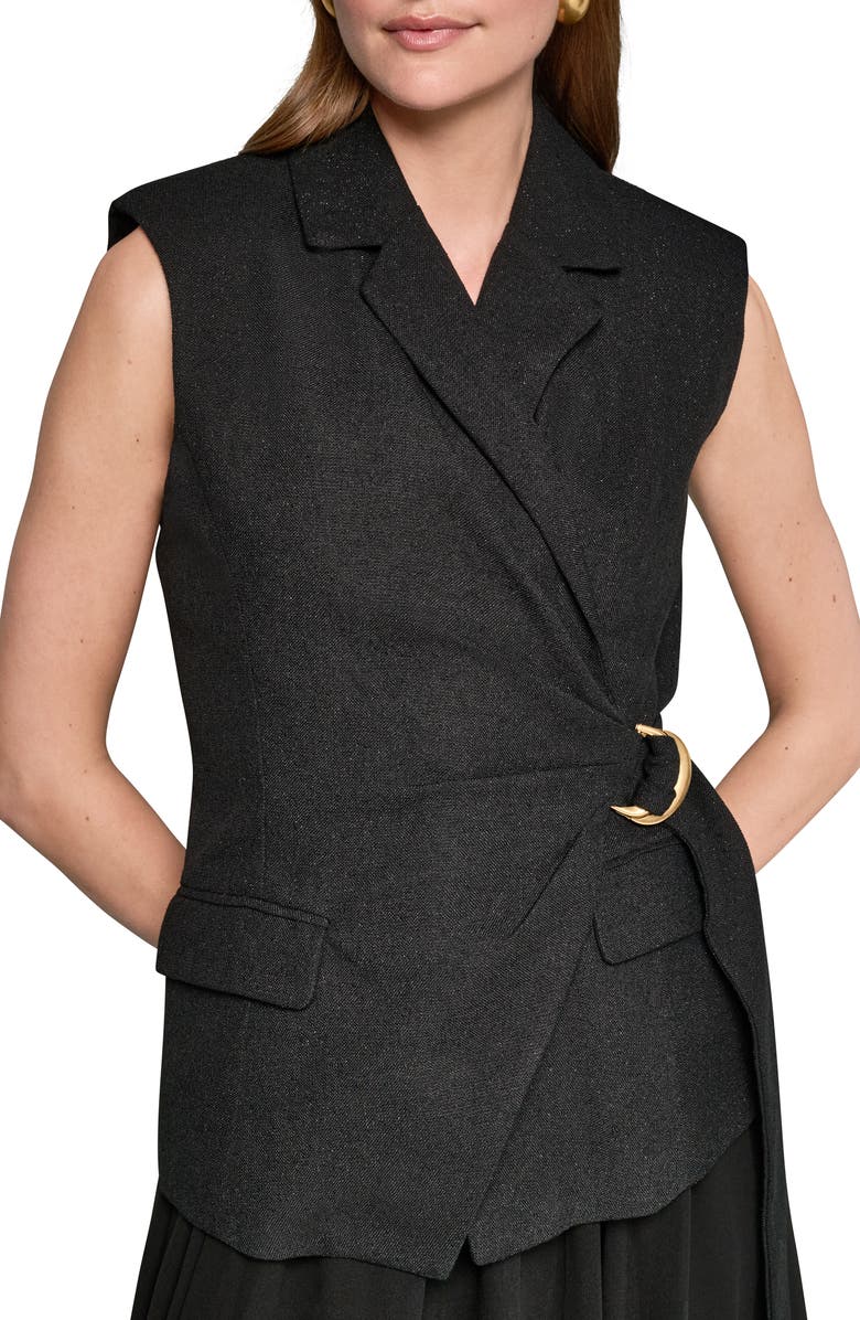 Donna Karan New York Mixed Media Belted Handkerchief Hem Midi Dress, Alternate, color, Black