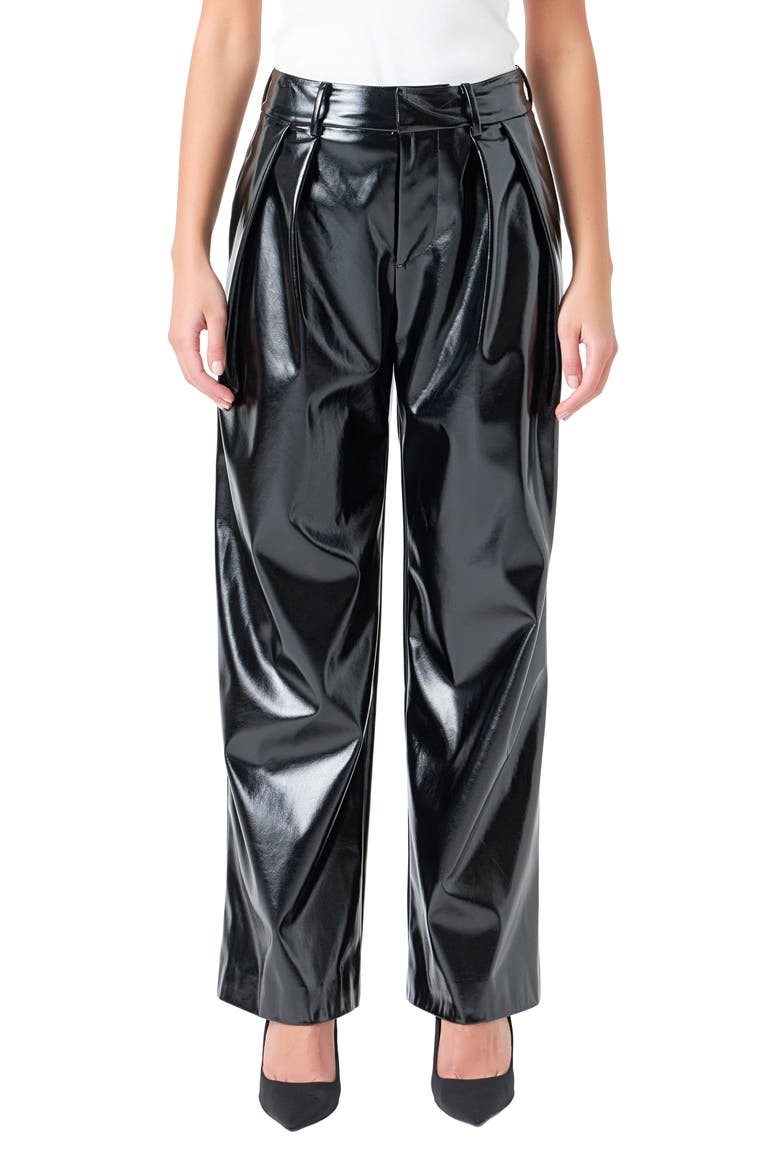 Pleat Faux Patent Leather Pants, Main, color, BLACK