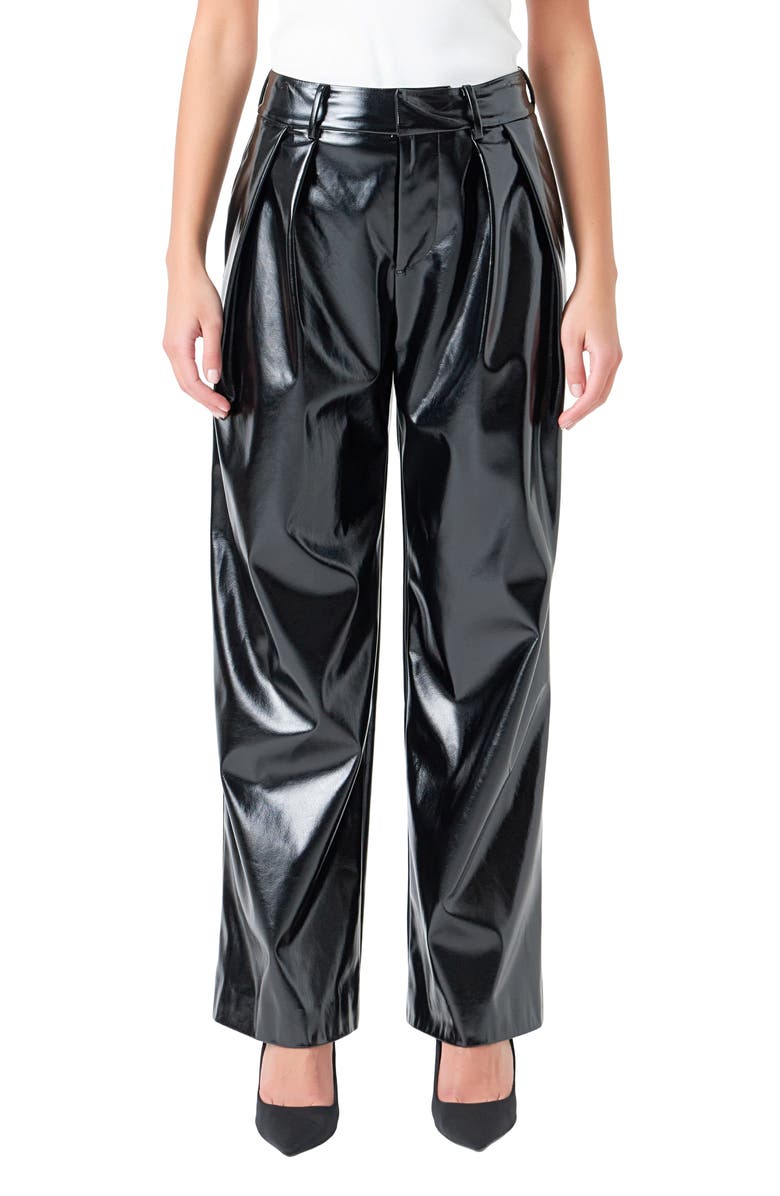 Grey Lab Pleat Faux Patent Leather Pants, Main, color, Black