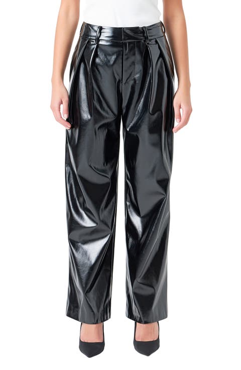 Pleat Faux Patent Leather Pants