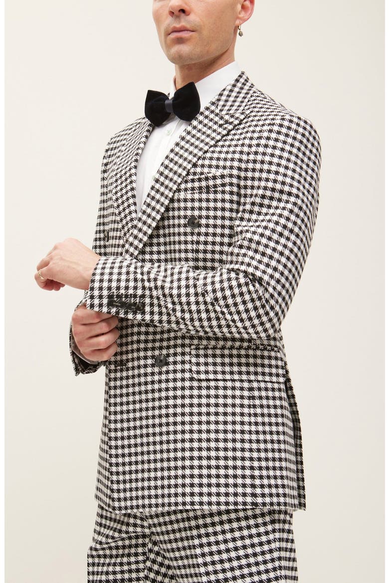 Trim Fit Check Print Peak Lapel Double Breasted Suit, Alternate, color, BLACK WHITE BLACK