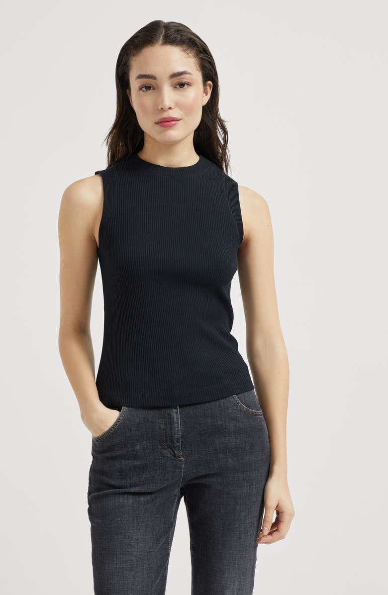 Brunello Cucinelli Ribbed jersey top, Alternate, color, Black