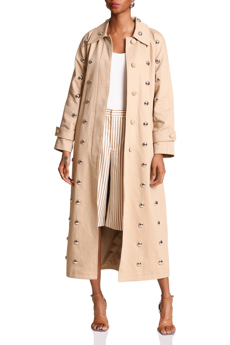 Statement Stud Cotton Maxi Trench Coat, Main, color, KHAKI STUDDED