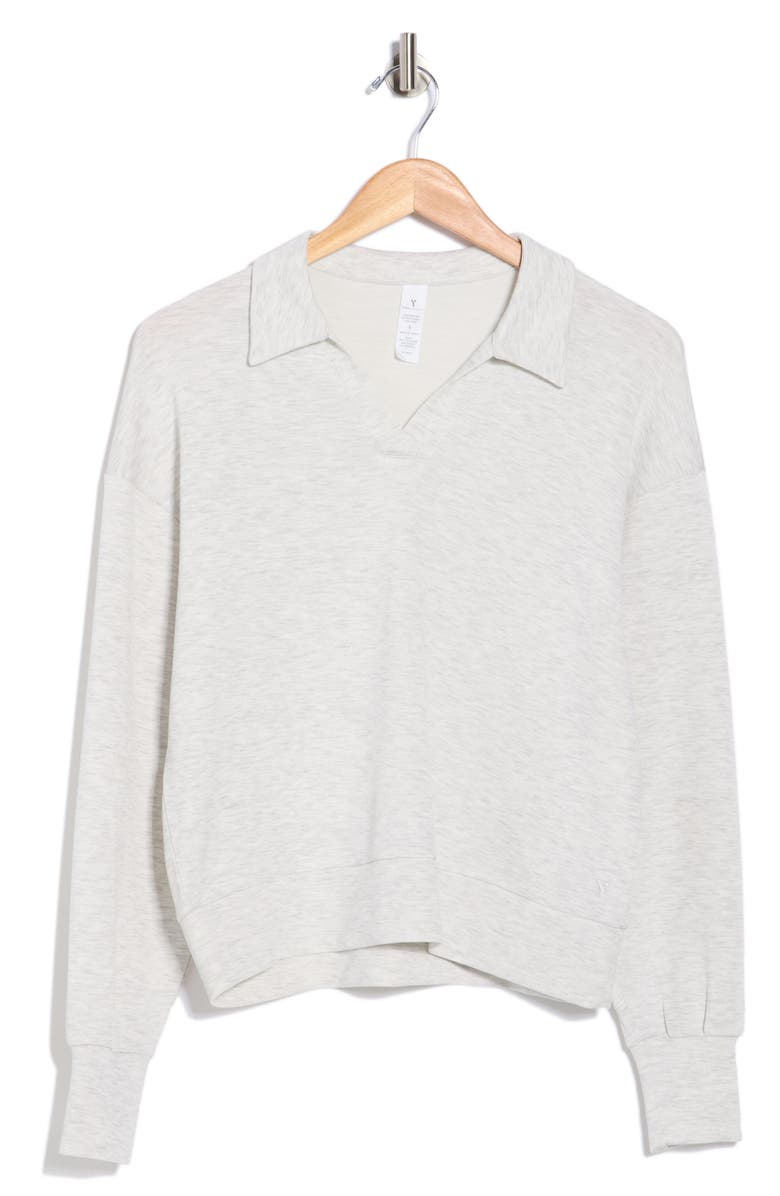 YOGALICIOUS Noble Sandwashed Scuba Knit Polo Sweatshirt, Alternate, color, Heather Light Grey