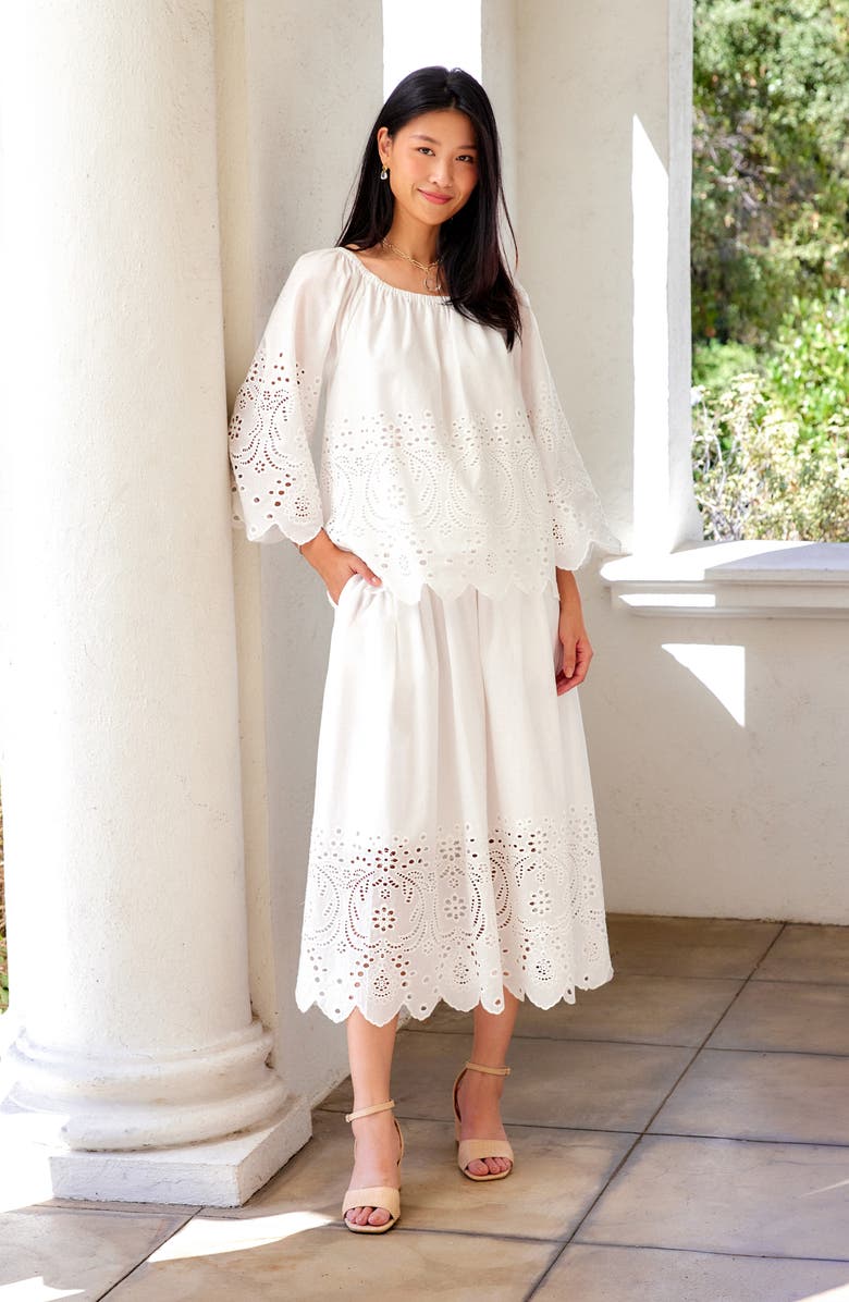 Karen Kane Embroidered Eyelet Cotton Midi Skirt, Alternate, color, Off White