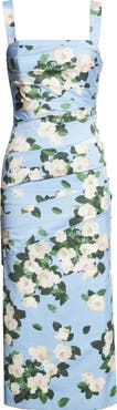 Carolina Herrera Rose Print Pleated Faille Midi Dress