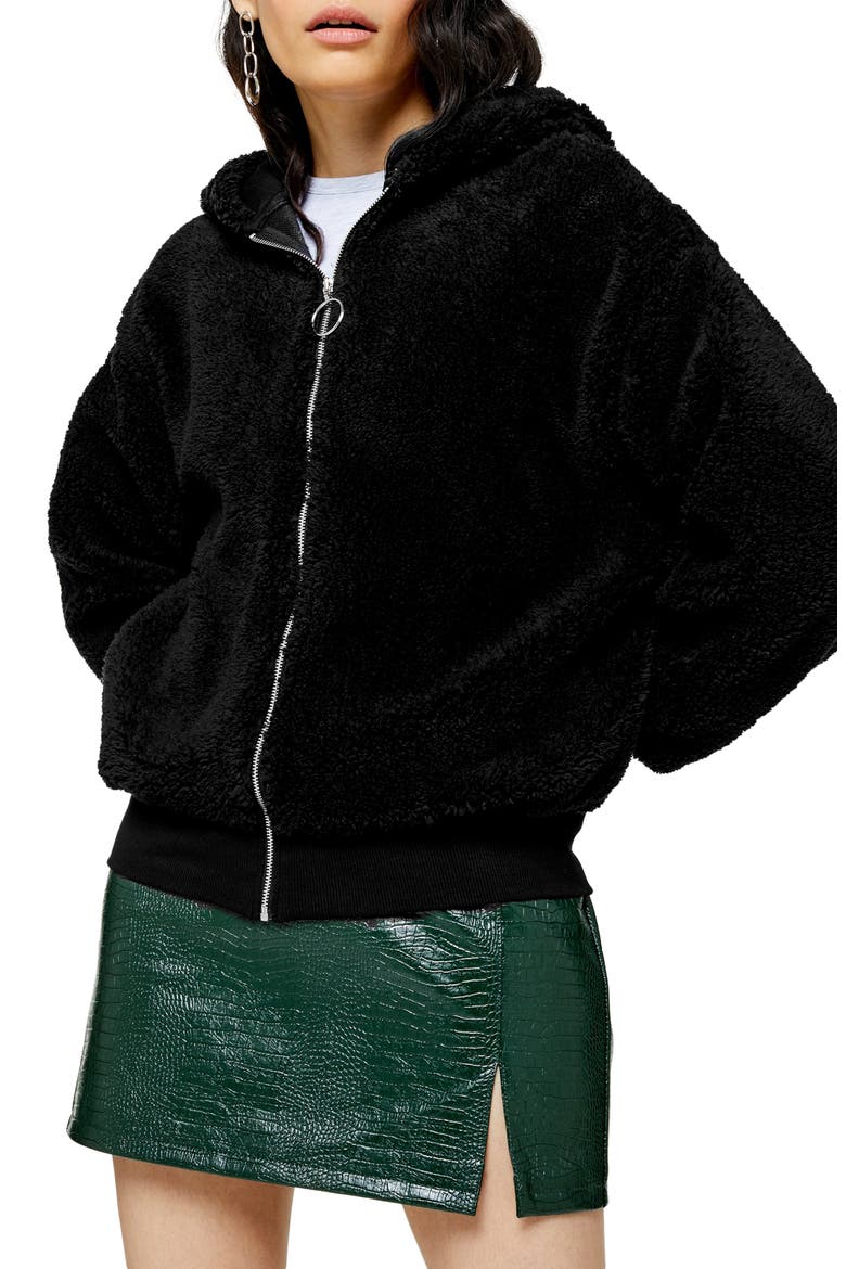 Borg Zip Hooded Sweatshirt, Main, color, BLACK