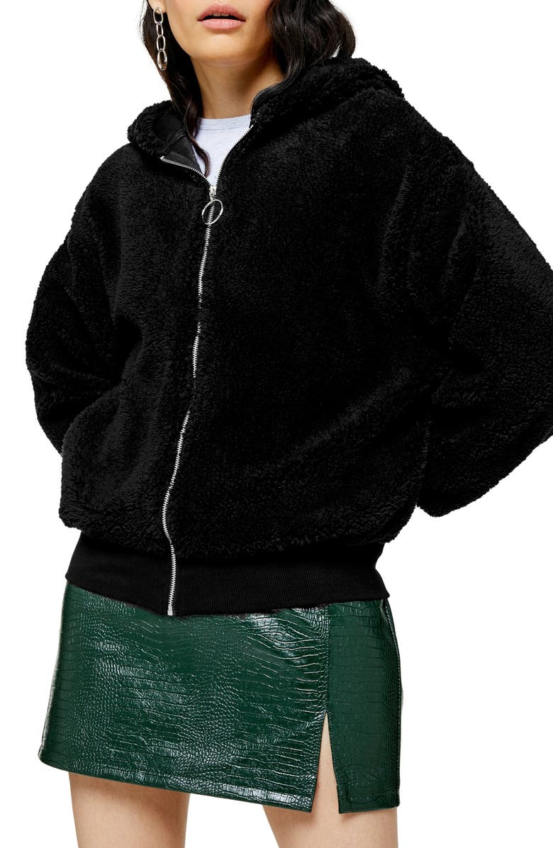 Topshop Borg Zip Hooded Sweatshirt, Main, color, 
