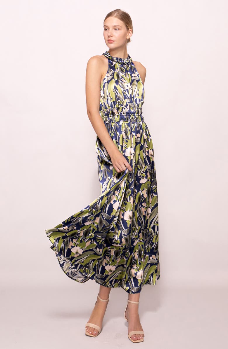 MELLODAY Print Ruffle Sleeveless Maxi Dress, Alternate, color, Blue Green Leaf