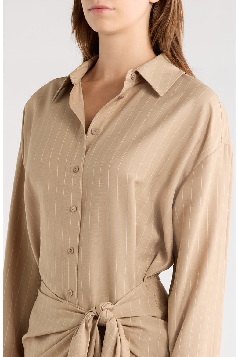 The Sweet Talker Pinstripe Long Sleeve Shirtdress, Alternate, color, DESERT KHAKI PINST