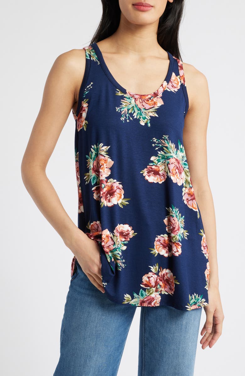 Loveappella Floral Knit Swing Tank, Main, color, Navy Floral
